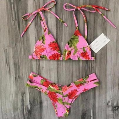 Correa De Espagueti De La Impresión Flores V-cuello Bikini De Dos Piezas Rosa