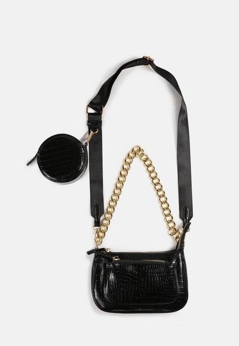 Black Croc Cross Body Double Bag, Black