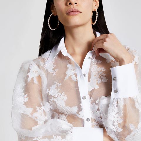 White Printed Organza Long Sleeve Shirt