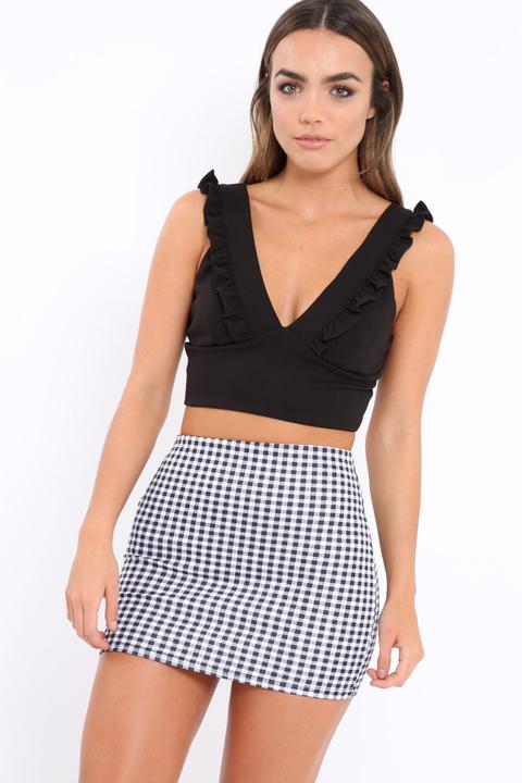 Black Plunge Ruffle Crop Top - Donetella