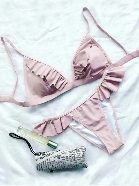 Conjunto De Bikini De Pierna Alta Frilly Cami Black Light Pink