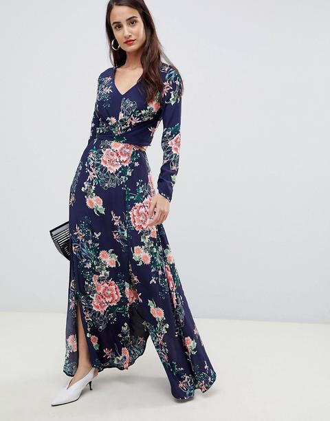 Liquorish Floral Print Cutaway Maxi Dress - Navy