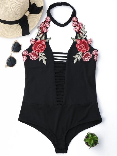 Floral Patched Choker Cut Out Bodysuit