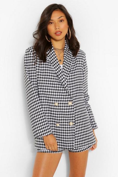 Blazer Coupe Longue En Maille Bouclette Motif Pied-de-poule - Noir - 12, Noir