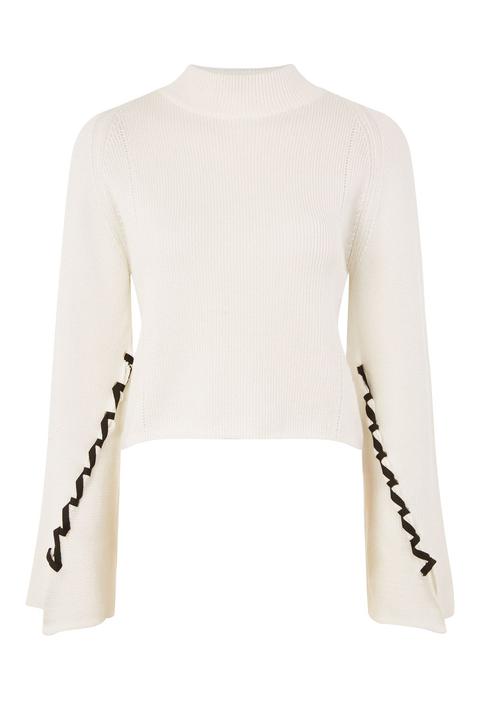 Lattice Sleeve Funnel Neck Knitted Top