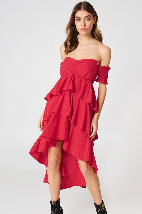 Off Shoulder Frill Dress Red