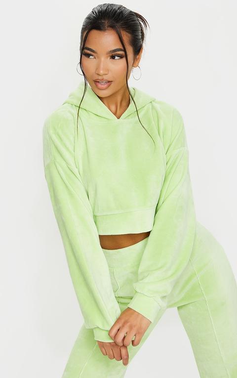 Lime Velour Elastic Hem Cropped Hoodie