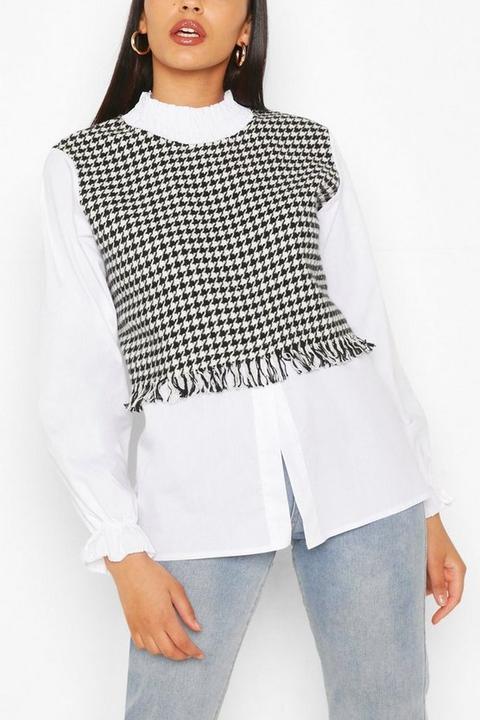 Womens Shirred Neck Dogtooth Layered Cotton Blouse - White - 12, White