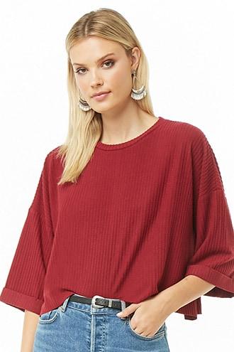 Forever 21 Ribbed Dolman Sleeve Top , Red