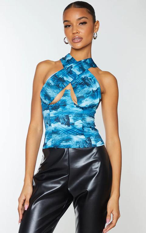 Teal Desert Landscape Print Woven Tie Dye Cross Over Underbust Halterneck Cross Over Zip Corset