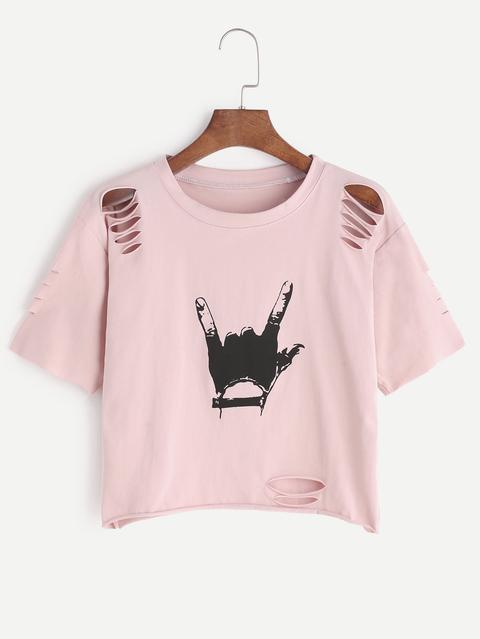 Camiseta Rota Con Estampado De Gesto De Amor - Rosa