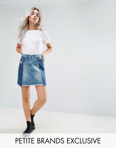 Urban Bliss Petite Deconstructed Tonal Panelled Mini Denim Skirt With Distressed Hem