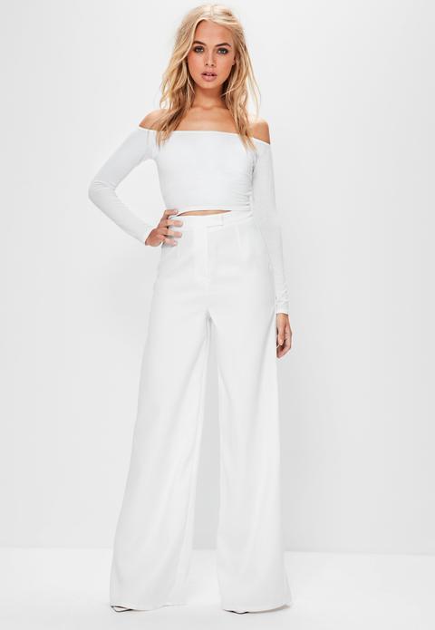 Tall White Crepe Wide Leg Trousers