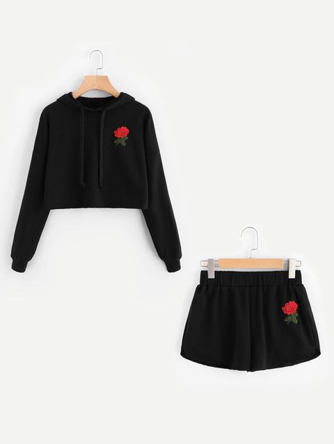 Rose Embroidered Hoodie And Shorts Set