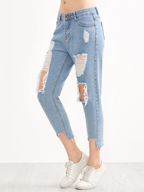 Blue Distressed Asymmetric Hem Jeans