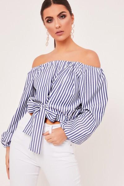 Jemma Navy & White Front Tie Striped Bardot Top