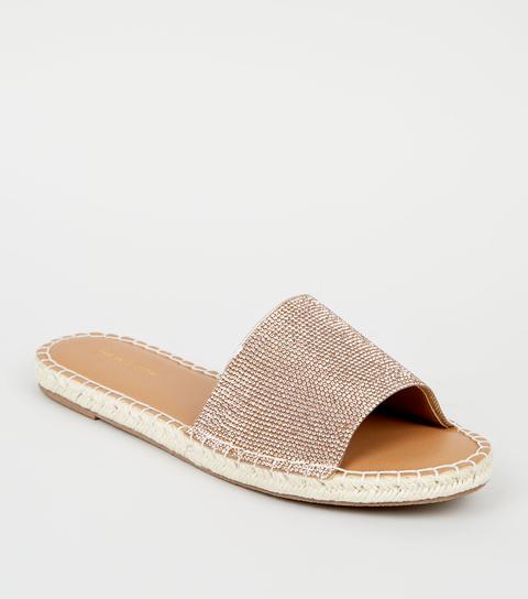 Rose Gold Diamanté Espadrille Sliders New Look