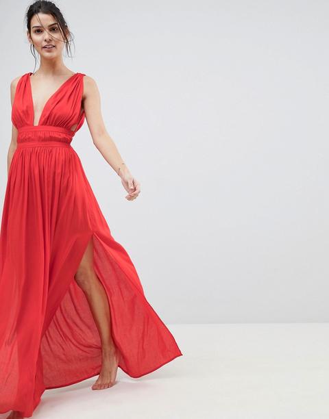 Asos - Vestito Da Spiaggia Lungo Con Scollo Profondo Alla Greca - Rosso