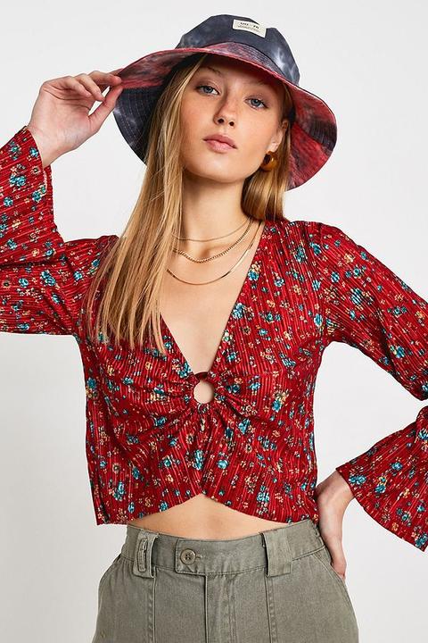 Uo Red Floral Plisse Ring Front Long-sleeve Blouse - Womens M