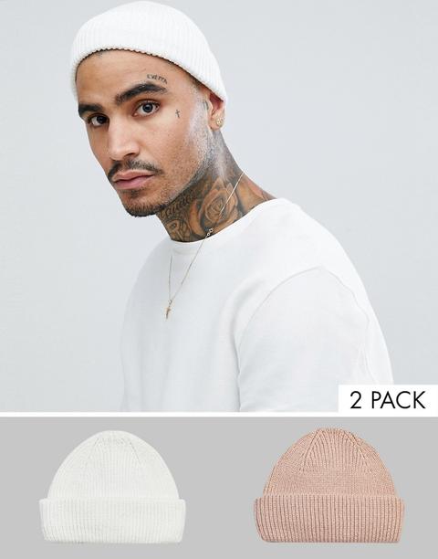 Asos Design 2 Pack Mini Fisherman Beanie In White & Pink Recycled Polyester Save