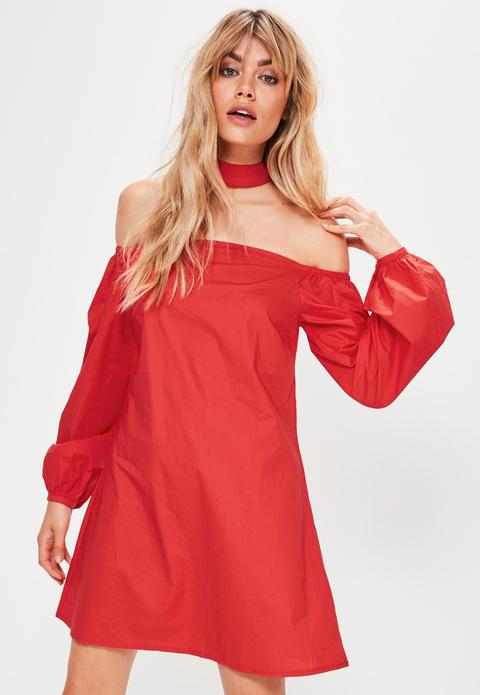 Red Puff Sleeve Choker Neck Bardot Dress