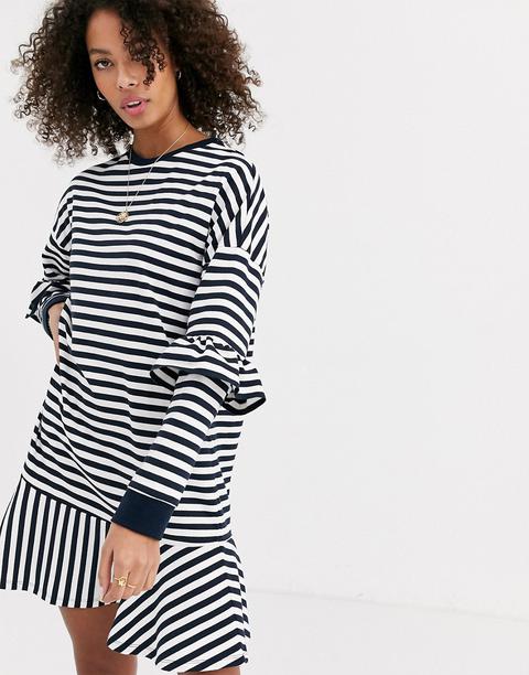 Asos Design Ruffle Sweat Mini Dress In Black And White Mono Stripe-multi