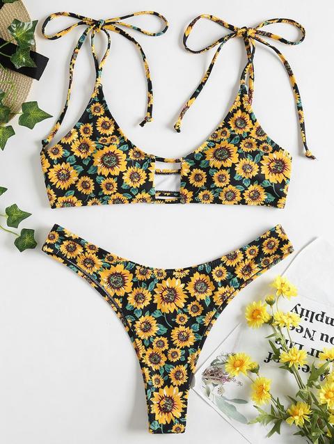 Bikini Stampa Girasole Con Cinturini Annodati