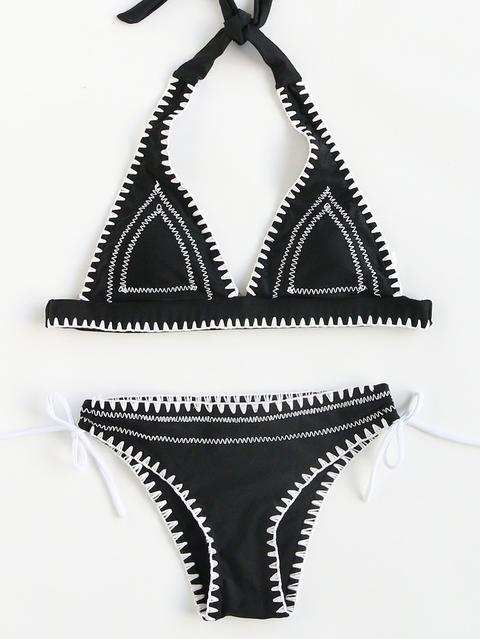 Sets De Bikini Halter Ribete En Contraste - Negro