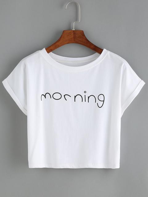 Letters Print Cuffed White T-shirt