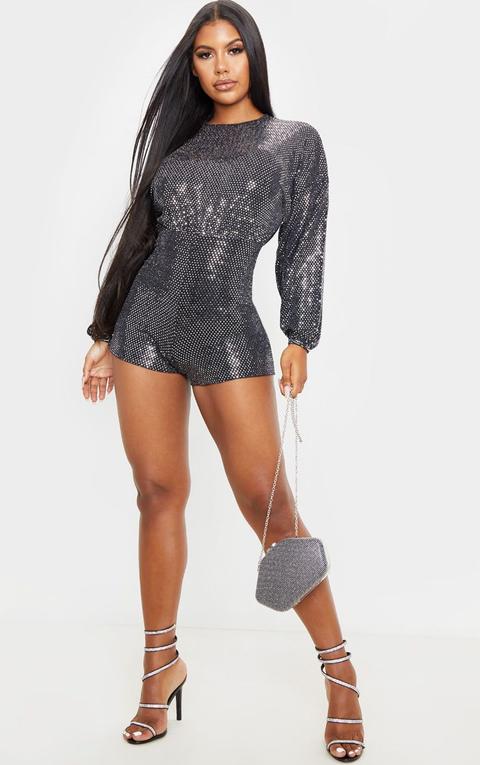 Silver Sequin Open Back Long Sleeve Playsuit