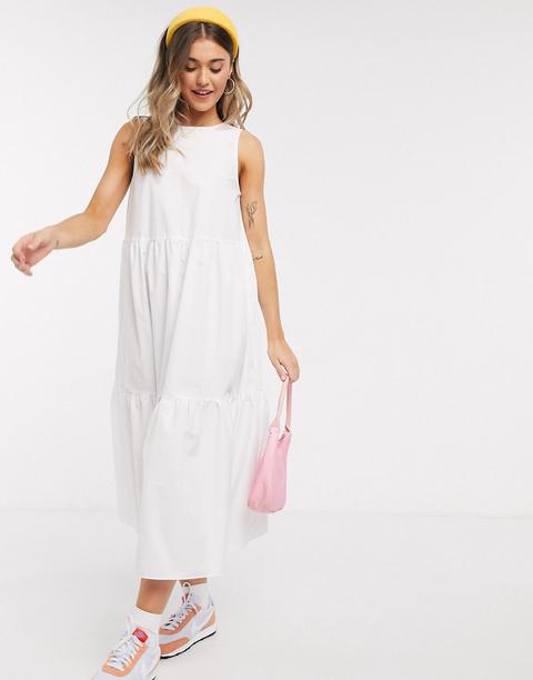 Asos Design Sleeveless Cotton Tiered Midi Dress With Open Back In White