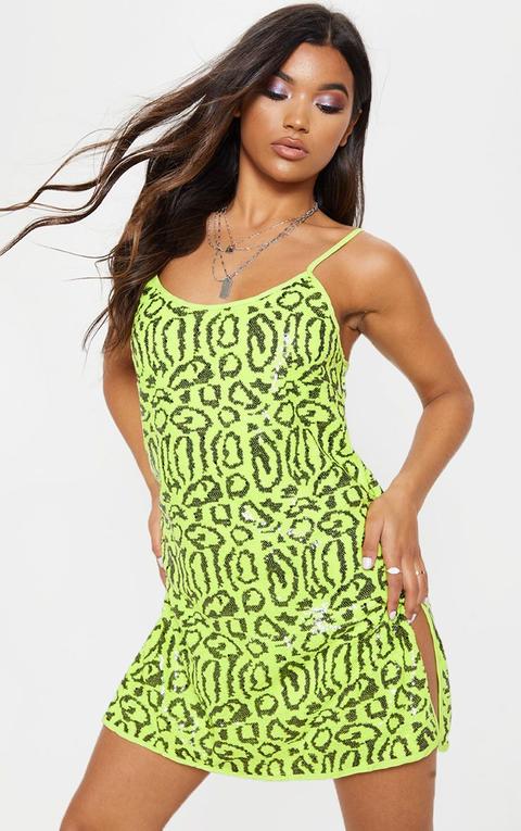 Neon Leopard Sequin Split Leg Shift Dress, Neon Lime