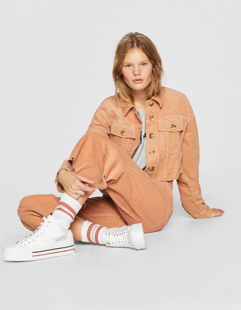 Giubbotto Cropped Oversize In Velluto A Costine Cammello Chiaro
