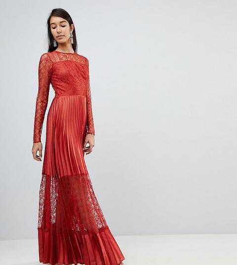 Asos Tall - Vestito Lungo A Pieghe In Raso E Pizzo - Rosso