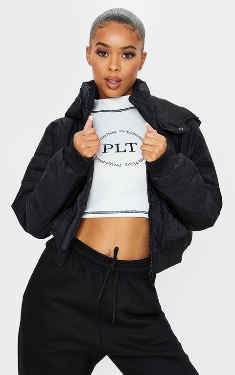 Black Nylon Cropped Bomber Puffer Jacket