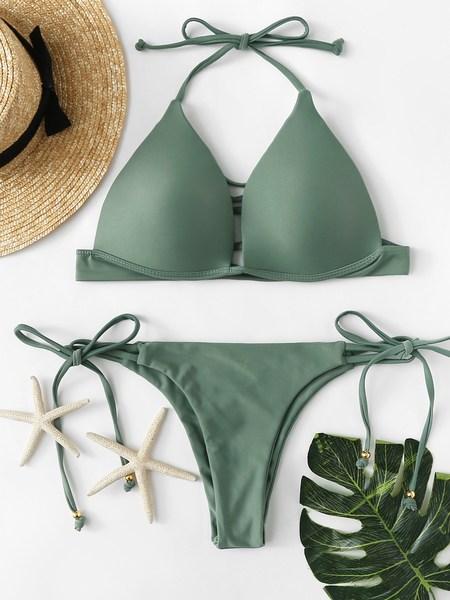 Set De Bikini Con Tira De Cuello Halter Con Lazo De Talla Grande