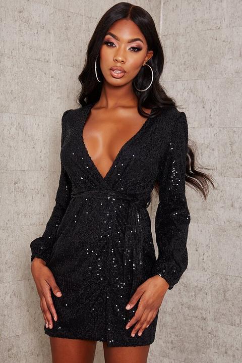 Black Sequin Belted Blazer Dress