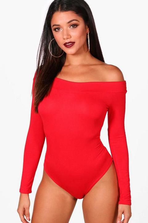 Womens Basic Off The Shoulder Long Sleeve Bodysuit - Red - 12