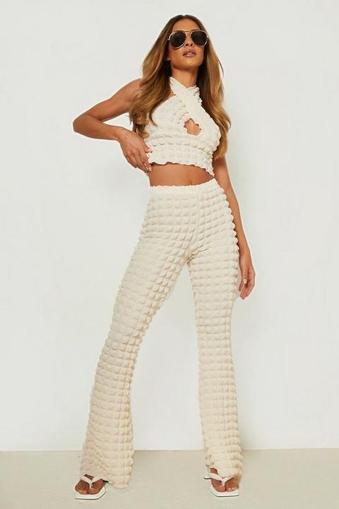 Womens Bubble Jersey Halter Crop & Flare Trouser - White - 12, White