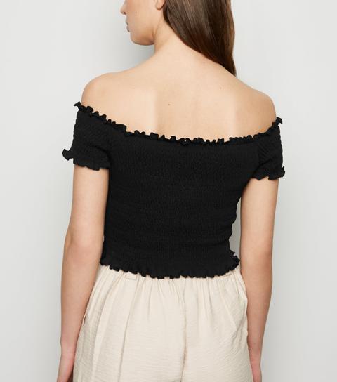 Black Shirred Frill Trim Bardot Top New Look