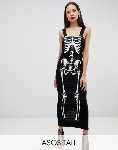 Asos Design Tall - Vestito Lungo Per Halloween Con Scollo Quadrato E Scheletro - Nero