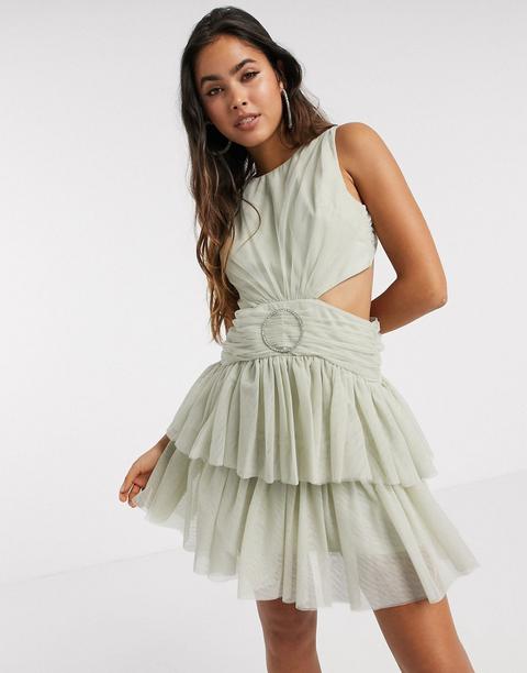 Vestido Corto De Tul Con Anilla Adornada En Verde Salvia De Asos Design-multicolor