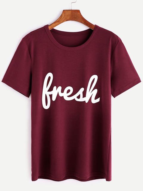 Burgundy Letter Print T-shirt