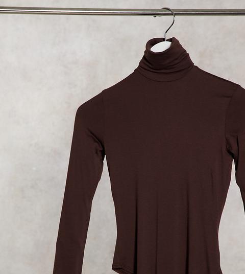 Flounce London Petite Basic Roll Neck Long Sleeve Body In Chocolate Brown