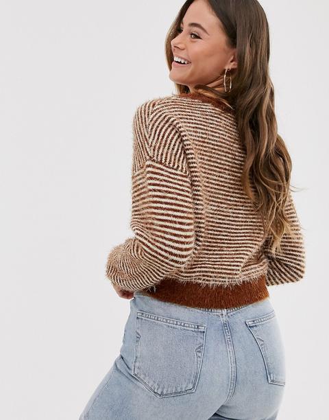 Wednesday's Girl Striped Fluffy Knit Jumper-brown