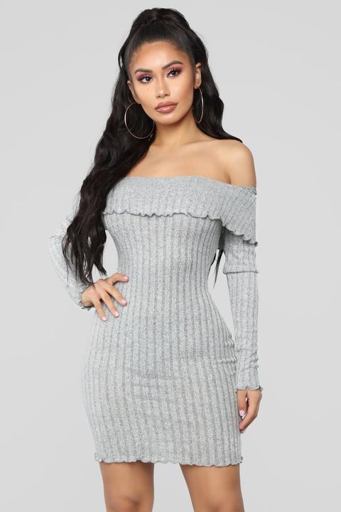 grey off shoulder dress