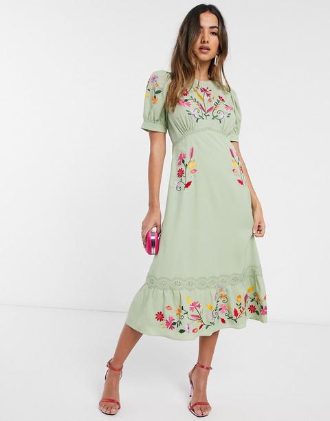 Vestido De Tarde Midi Verde Salvia Con Bordados De Asos Design