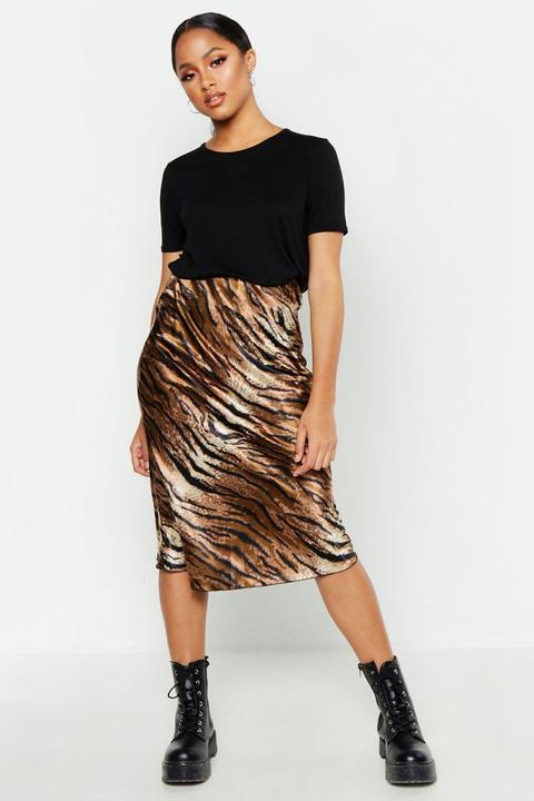 Womens Satin Tiger Print Bias Midi Skirt - Beige - 10