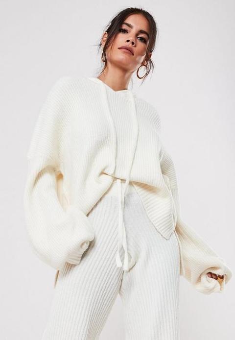 Premium White Co Ord Oversized Hooded Knit Jumper, White