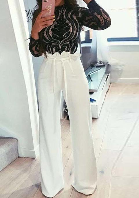 White Ruffle Sashes Bow Zipper High Waisted Wide Leg Casual Cute Pants